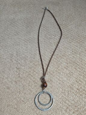 Women’s Brown Cord Necklace with Silver Double Hoop Pendant